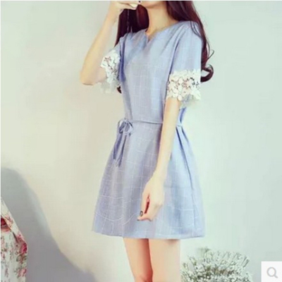 2016夏季新款韩版小清新蕾丝格纹棉麻短袖
